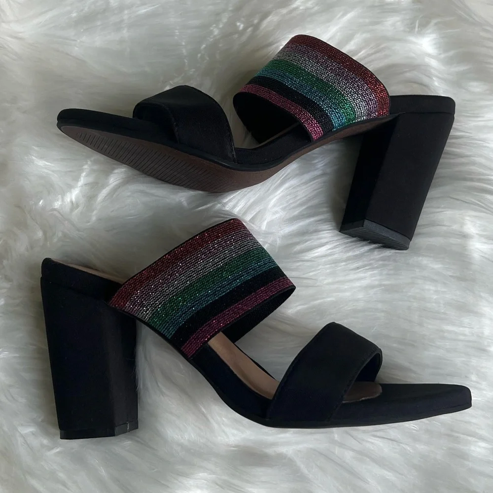 Kaanas size 37 NWOT black pink green multi color sparkley block heels